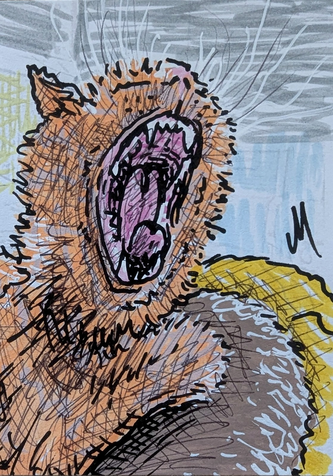 ACEO Cat Painting Original Modern Yawning Contemporary Folk Art By Josh Merritt