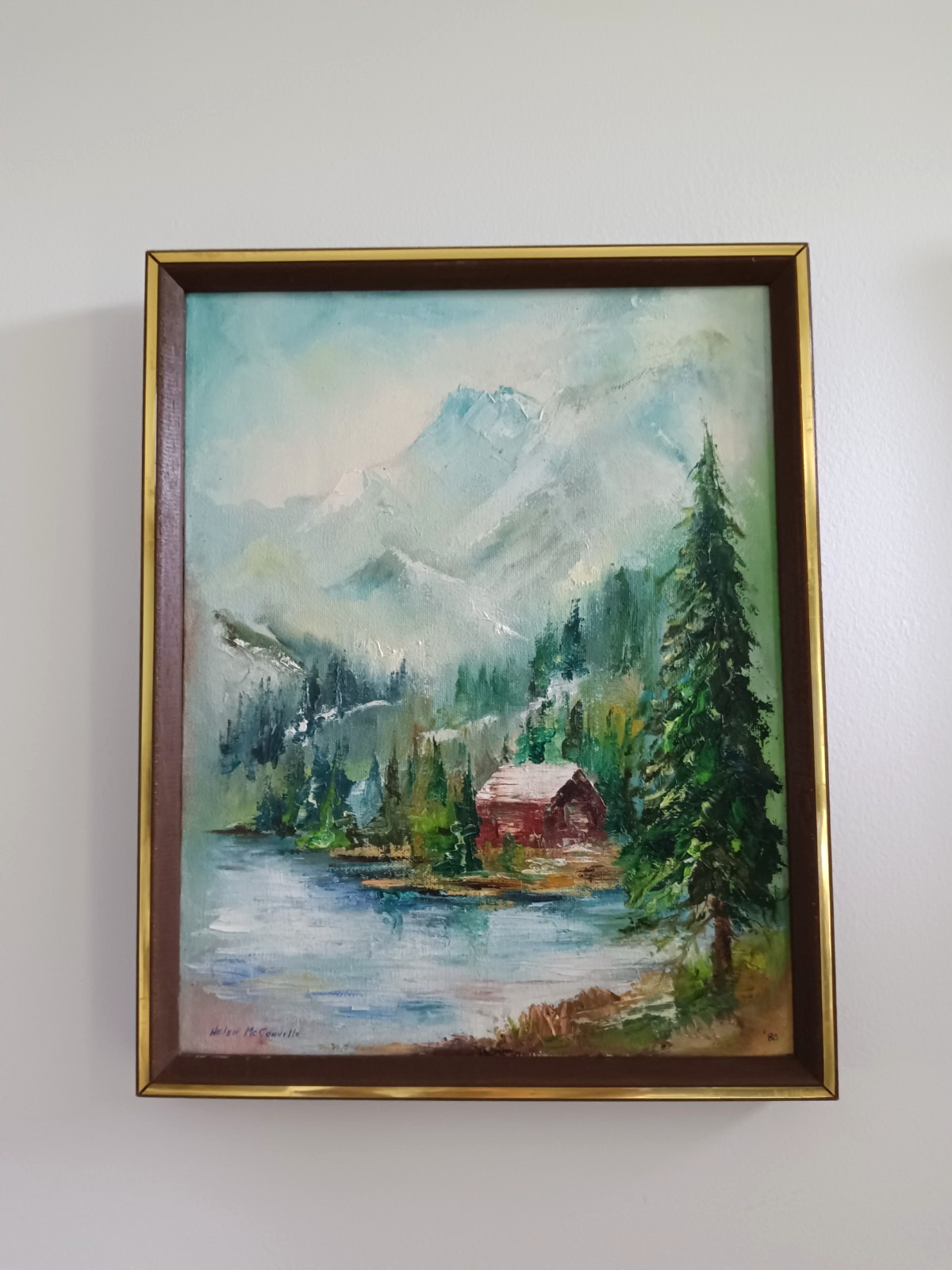 Vintage Original Oil Paintings Mountain Lake Cabin Landscape 1980 Signed Pair