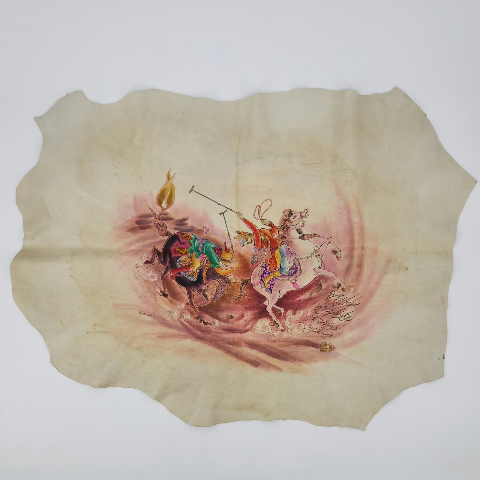 Persian-Style Hand-Painted Equestrian Scene on Leather Hide – 33×24 Inches