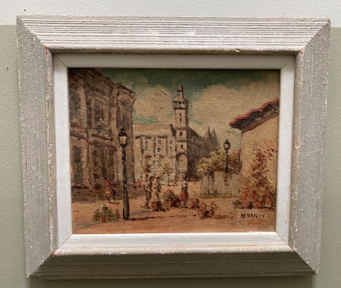 Vintage European Street Scene Oil Painting on Board Mid-Century Wood Framed