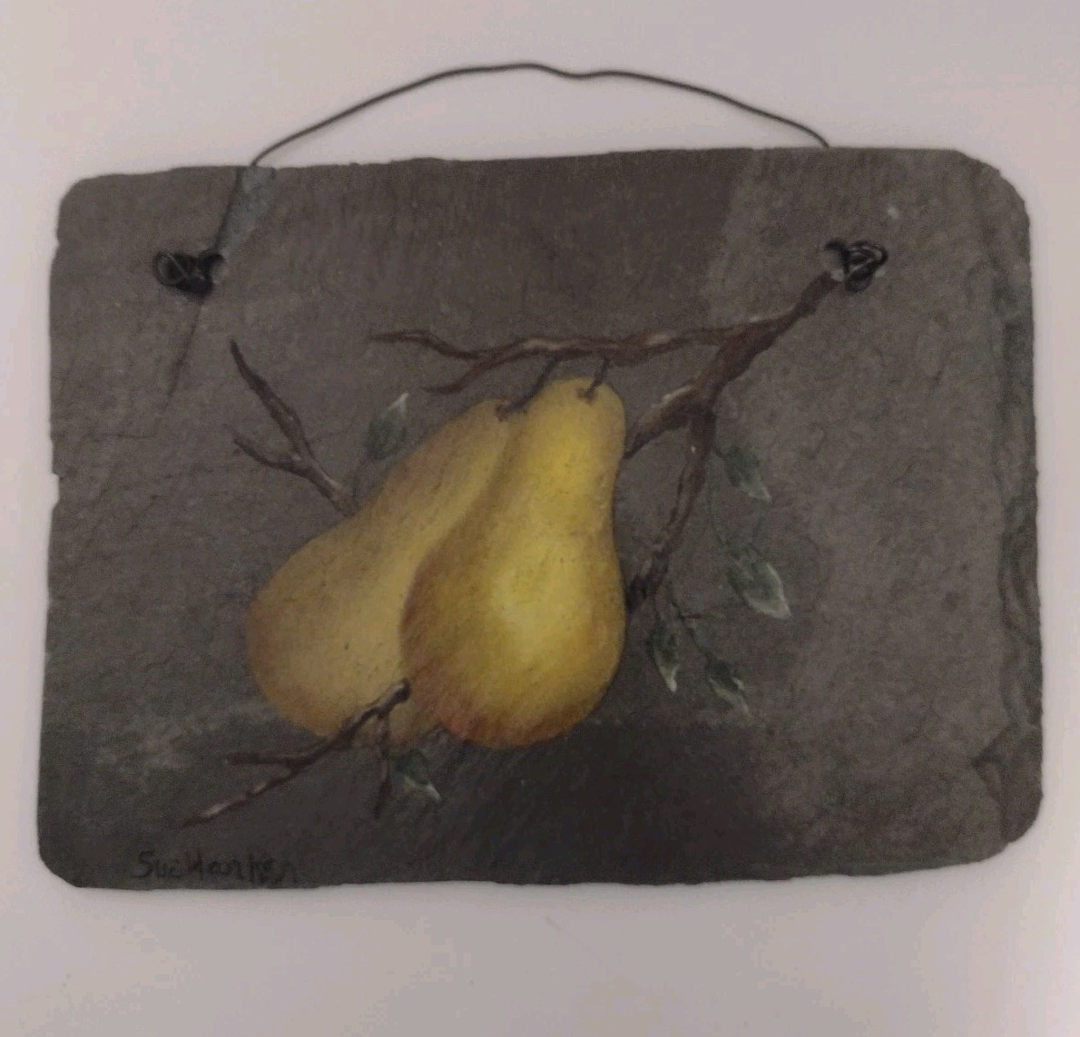 Antique Roof Slate Original Painting Pears On Branch Artisan Wall Art 7×5″