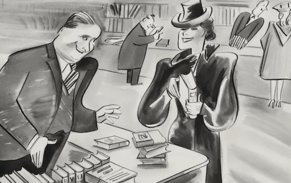 In the bookstore, ink drawing by Max Bauer, design, flying leaves Munich