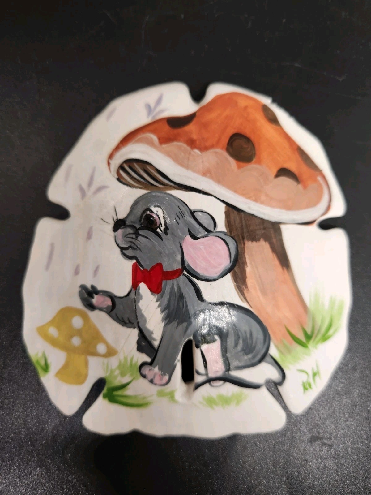 Hand Painted Mushrooms and Mouse with Red Bow Tie on Sand Dollar Signed
