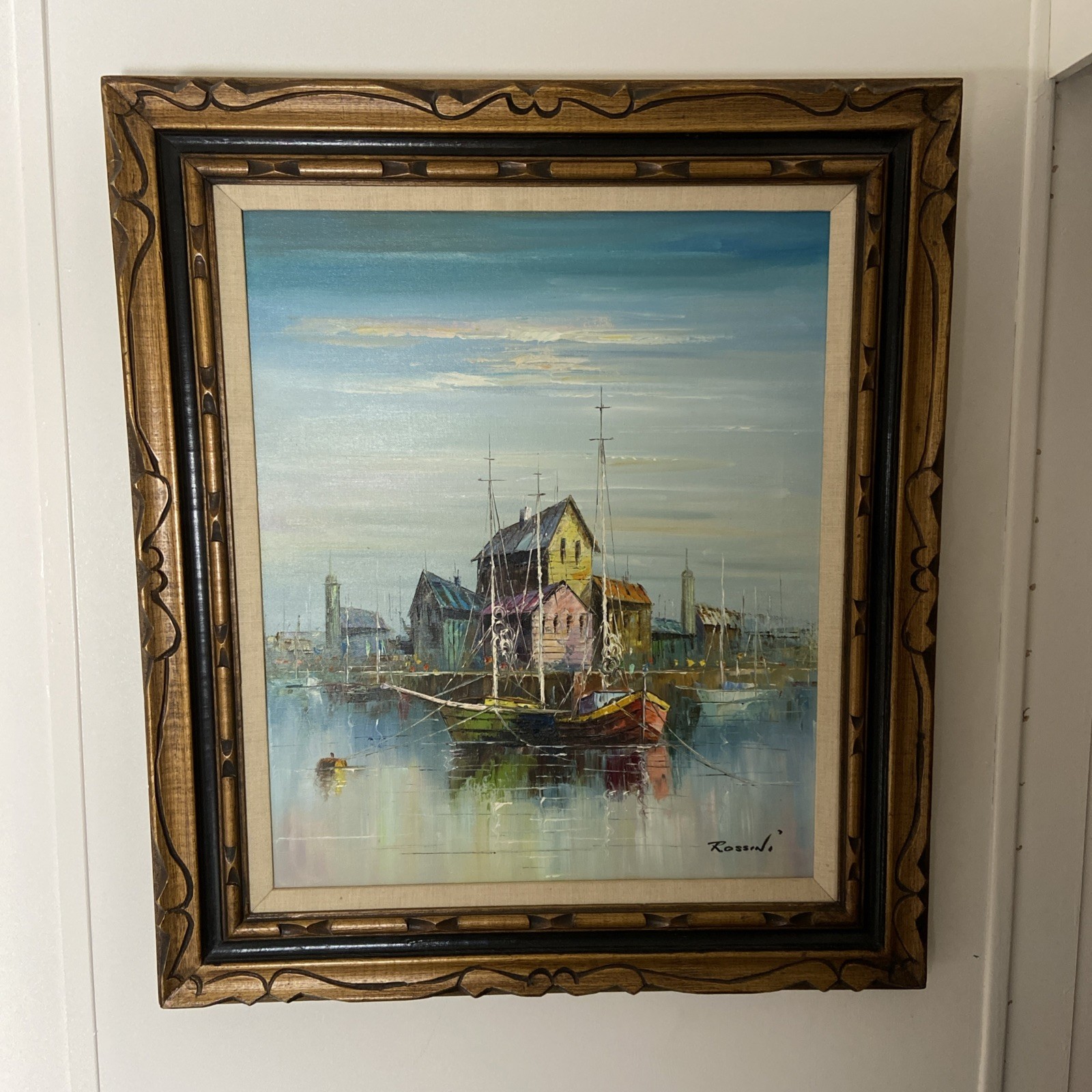 Original Oil on Canvas Seascape Boats Harbor By Rossini 31.5” X 27.5” X 2” MCM
