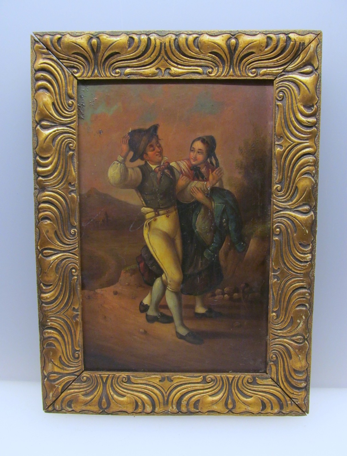 Lovers couple probably Italy around 1850 old oil painting on tin