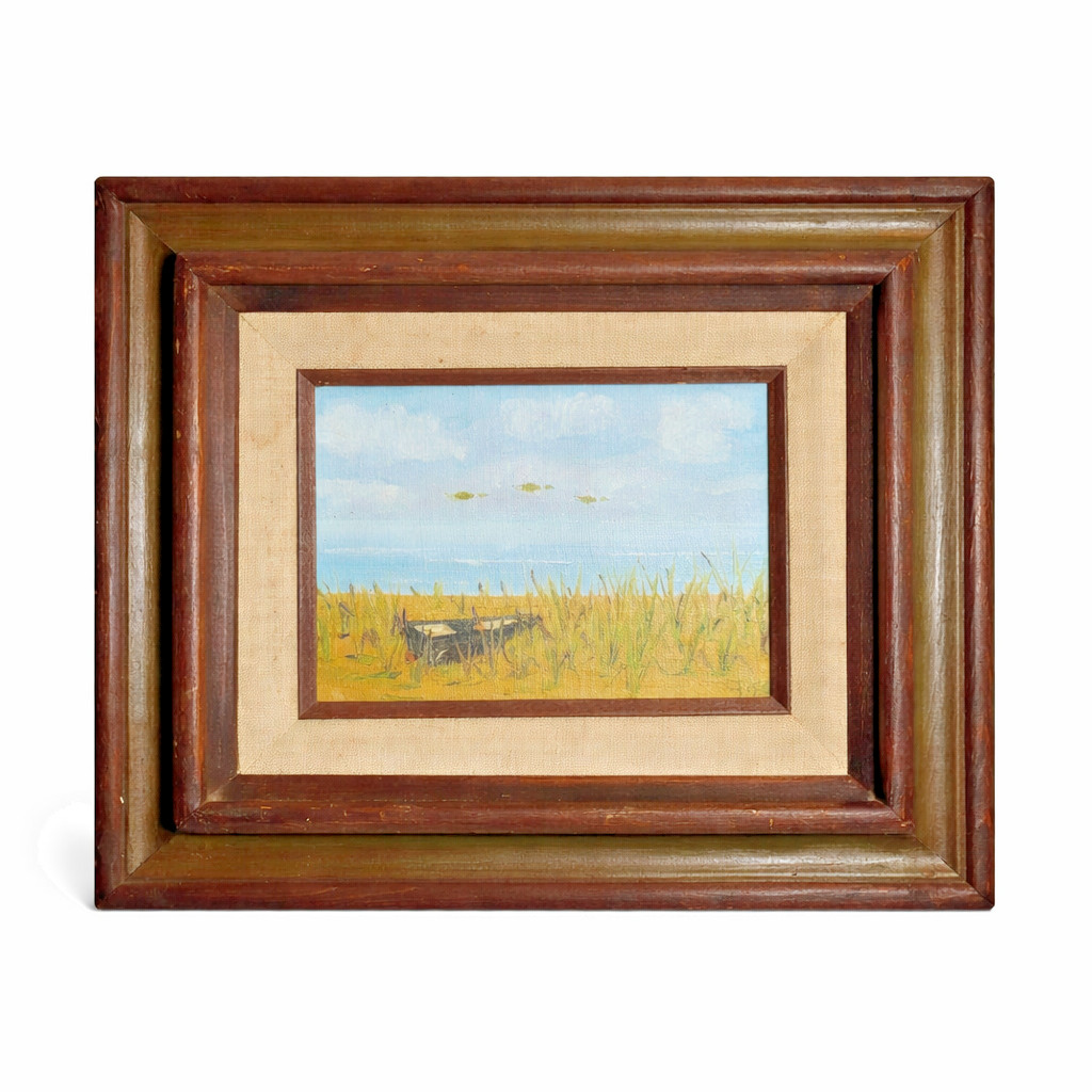 Vintage Mexican Oil Painting Coastal Landscape Ducks Mid-Century Wood Frame