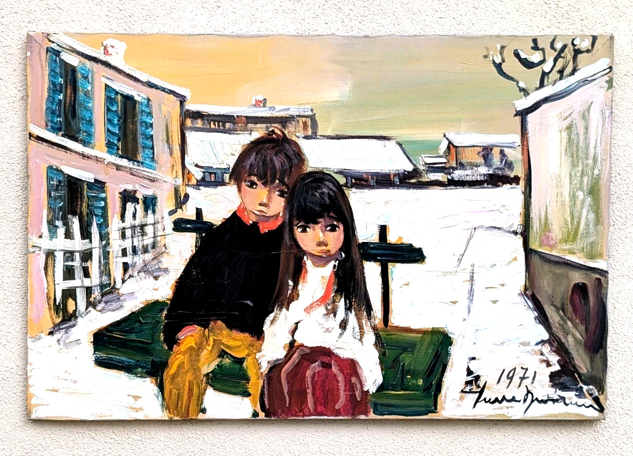 Pierre Durrieu Original Oil Painting Paris Chill 1971 Children Snow Scene 24×36