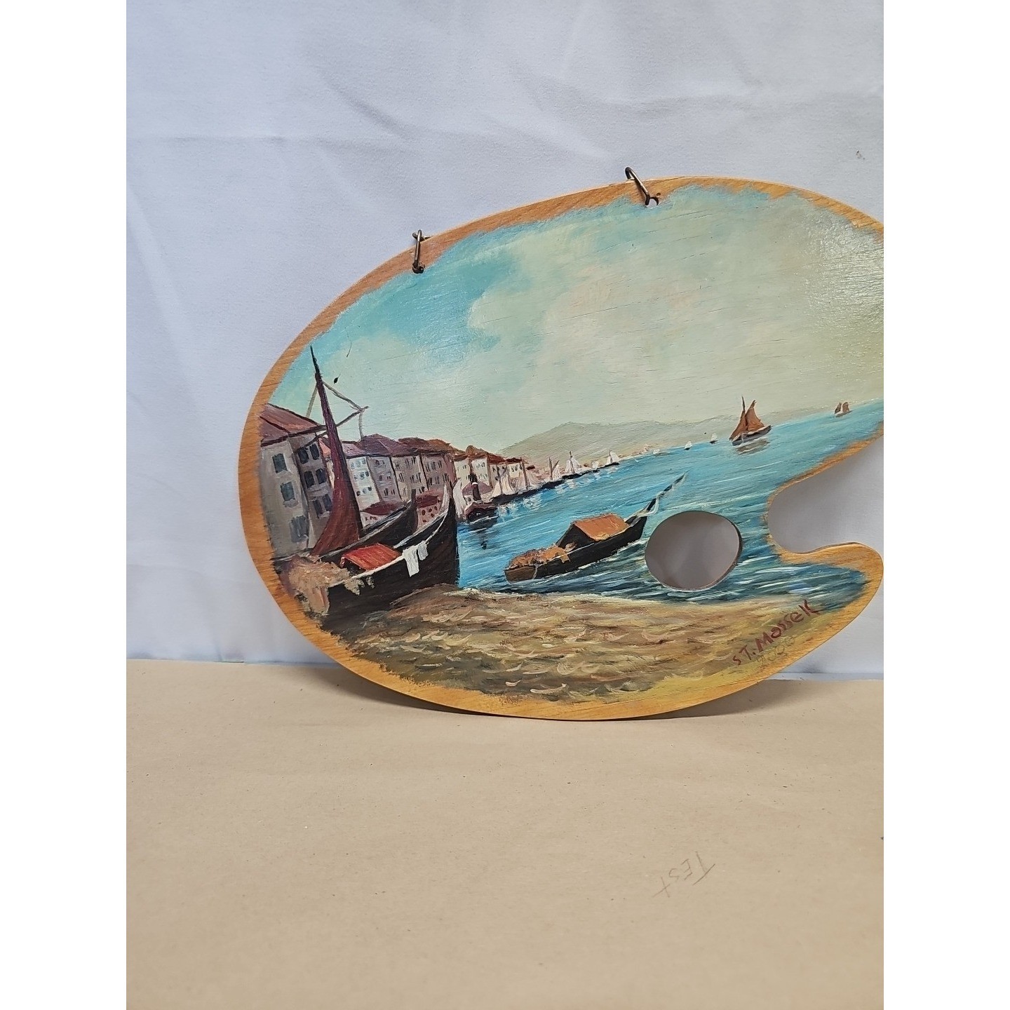 Vintage Nature Oil On Wood Waterfront Painting Palette Signed ST Massek Sz 13×9