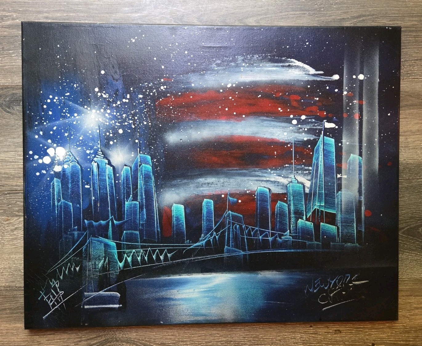 NYC Spray Paint Art – Patriotic New York City Scene – 16″x20″ Painting
