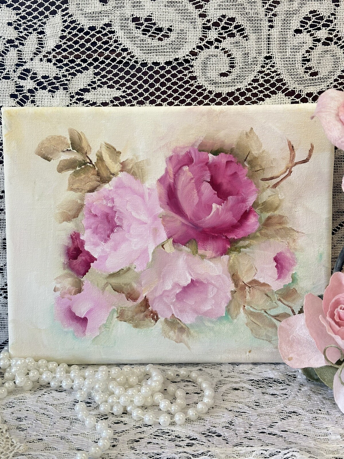 Shabby chic vintage pink roses wall hanging oil 8 x 10 canvas signed handpainted