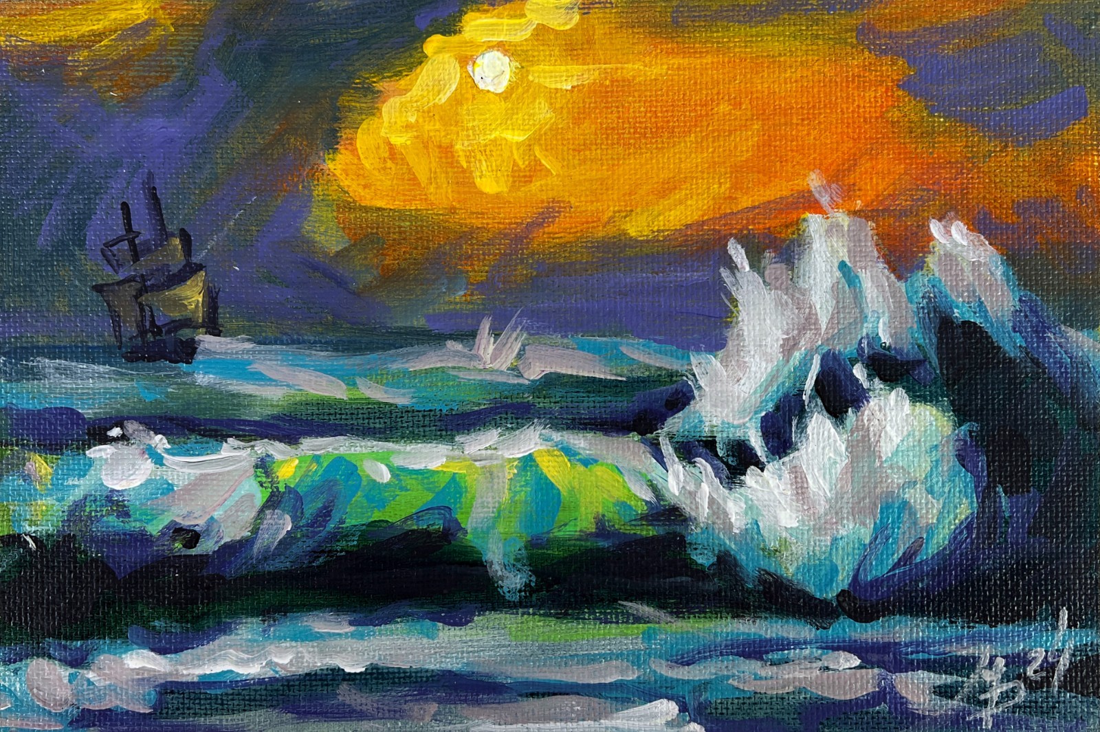 Acrylic Painting Golden Sea Route Into The Sunset M. Patskan Original nAAA4846