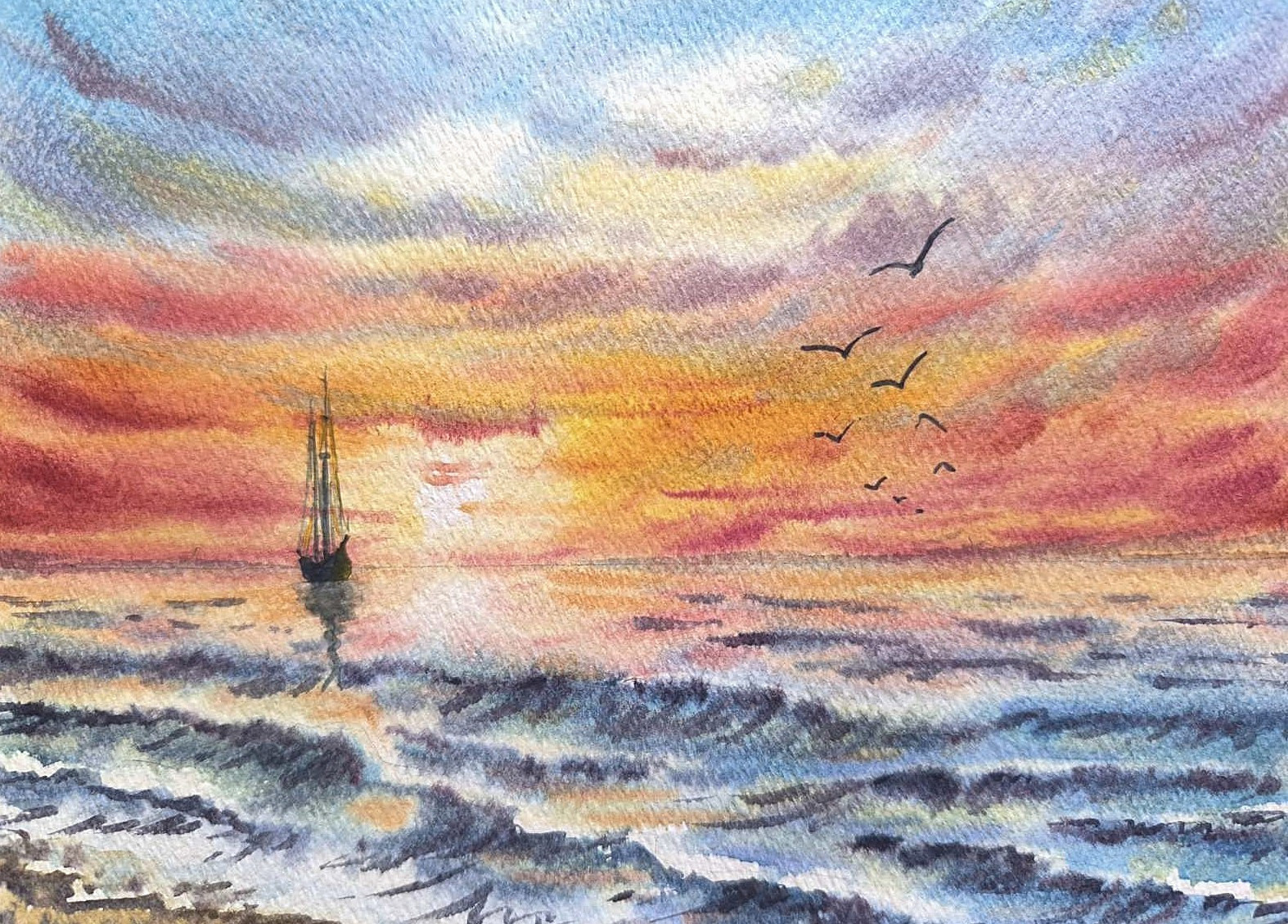 LONELY FISHERMAN BOAT Original Artwork Painting Landscape CLOUDS SKY Seascape A5