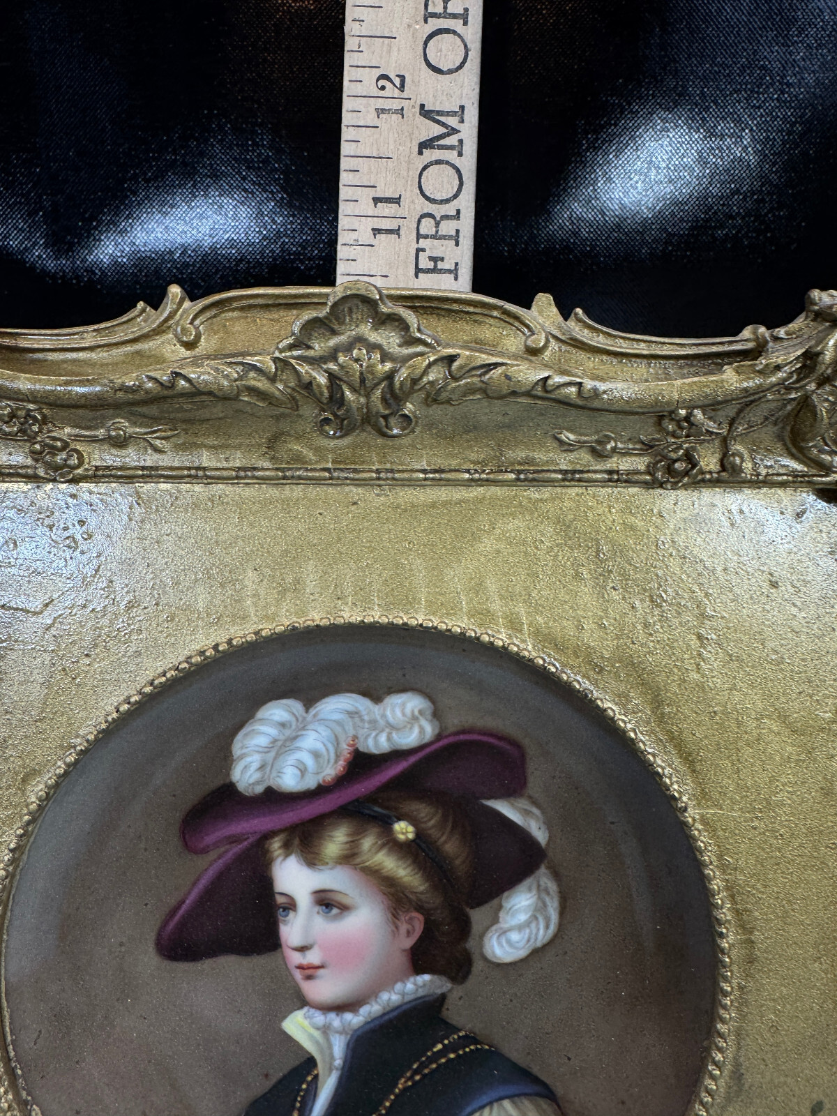 Hand Painted Porcelain Portrait Plaque in Ornate Gold Wood Frame