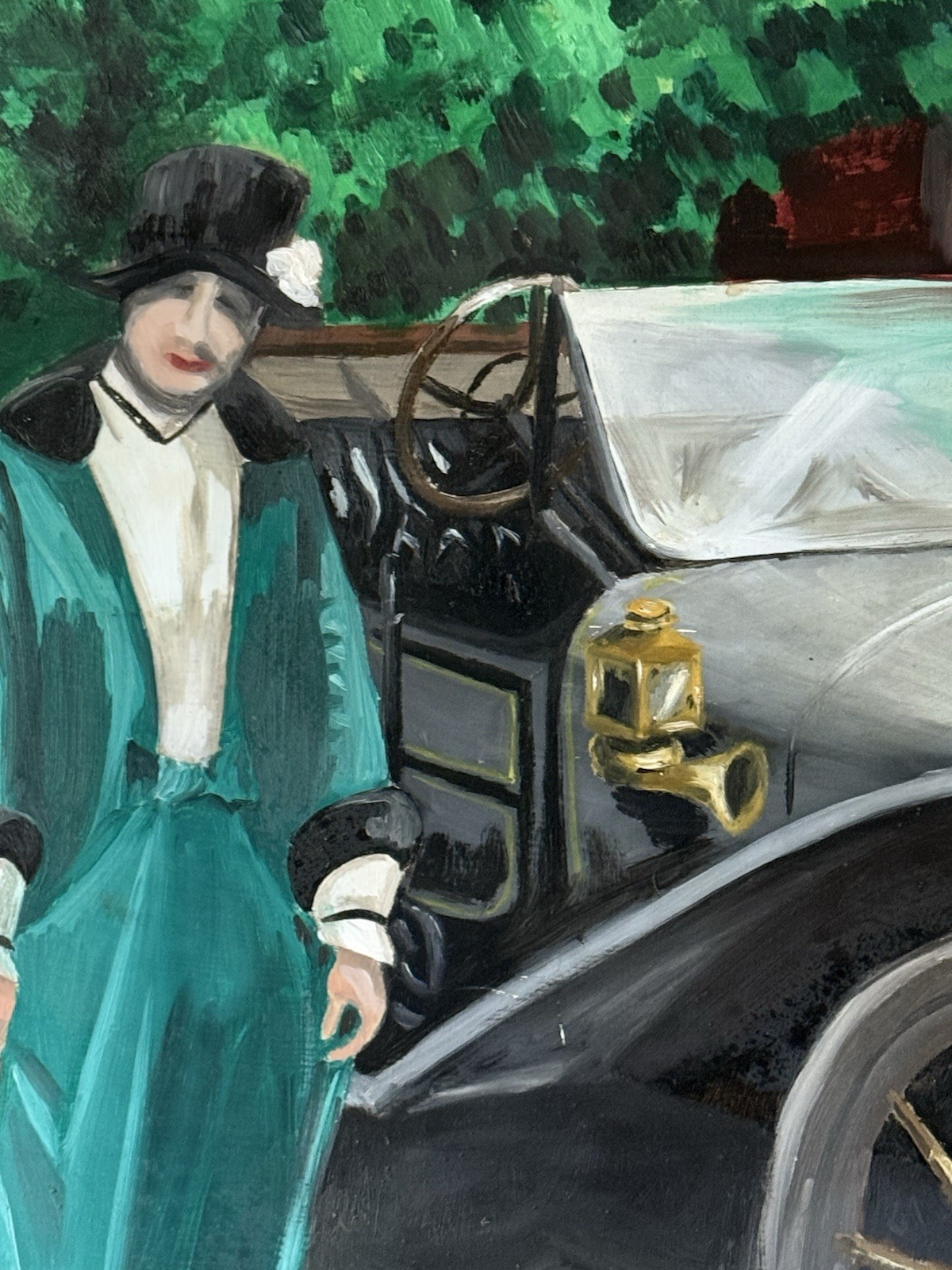 JAMES SHAVER ANTIQUE FIGURATIVE AUTOMOBILE LANDSCAPE OIL PAINTING VINTAGE CAR 40