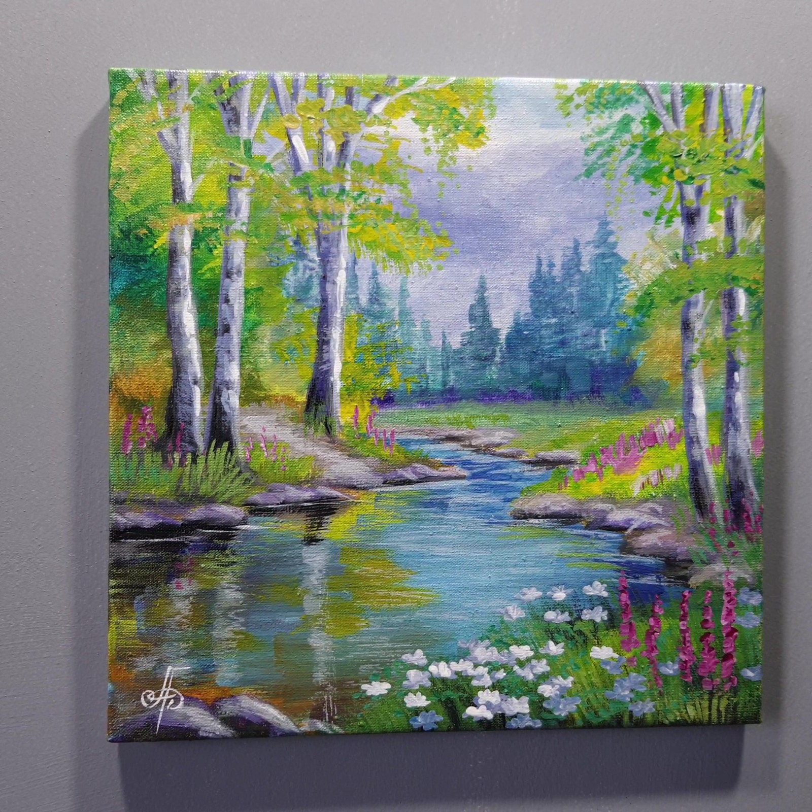 Summer Peace Landscape Acrylic Painting River Forest Nature Canvas Artwork 8×8