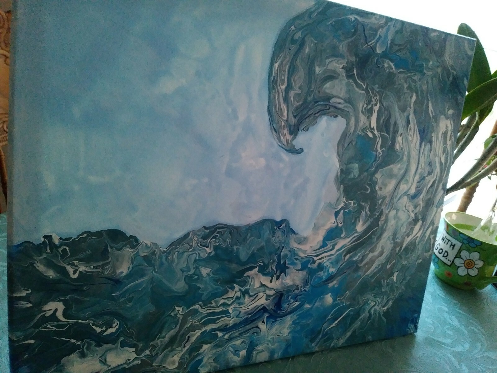 New Original «Blue Wave» Acrylic Pour 16″ x 20″ Canvas Art Wall Abstract Décor