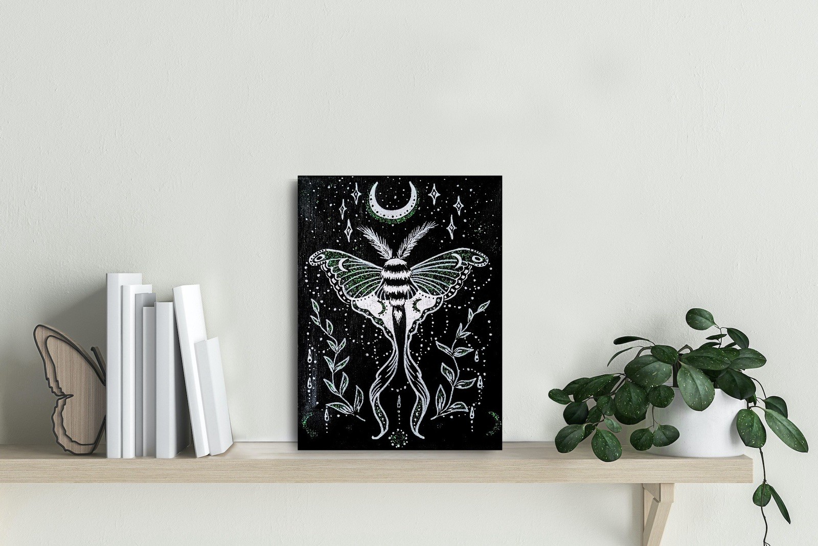 Luna Moth Painting, Witchy Gothic Wall Art, Occult Black Artwork, Original 9×12