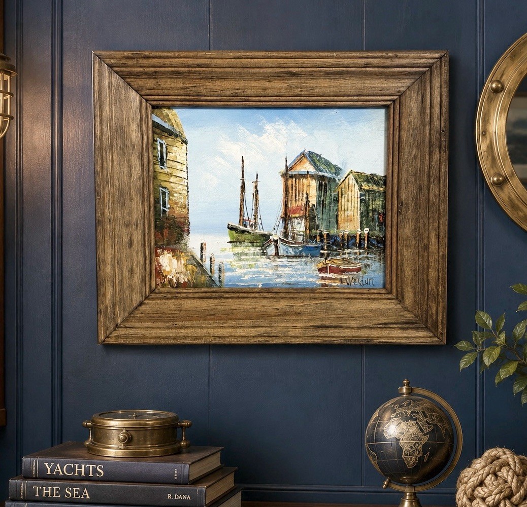 Harbor Oil Painting Signed N. Weston Boats Scene Ocean Gallery Framed Vintage