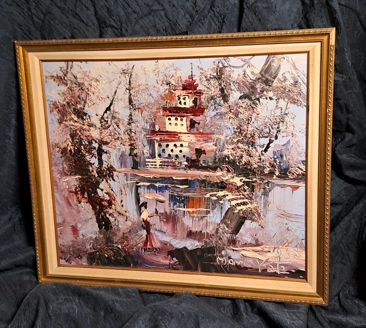 Artist MORRIS KATZ Japanese Temple Oil Painting on Board 27.5″x 23″ 1983 Rare