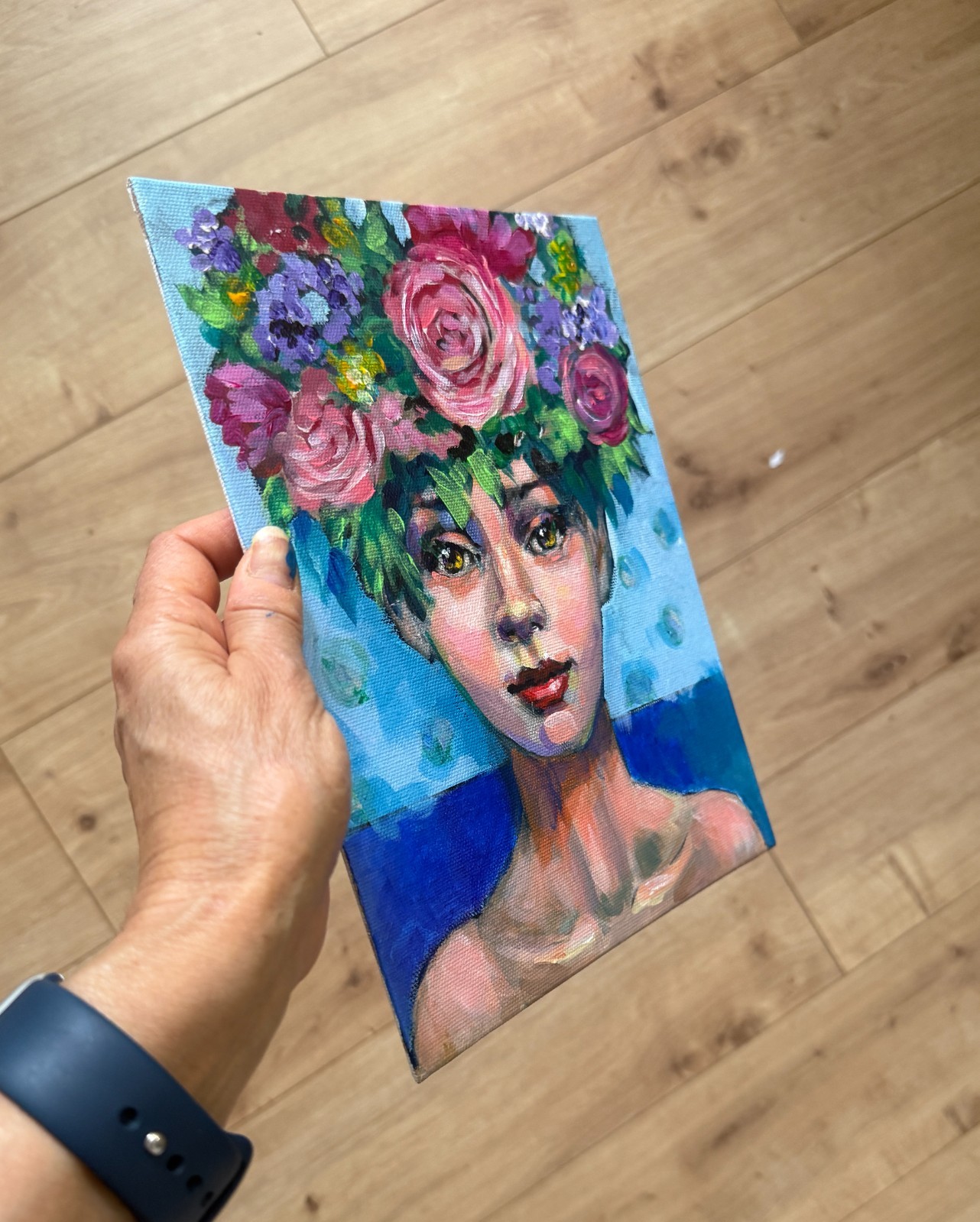Original Floral Portrait Painting Woman w/ Flower Crown Acrylic 8×10 OOAK Signed