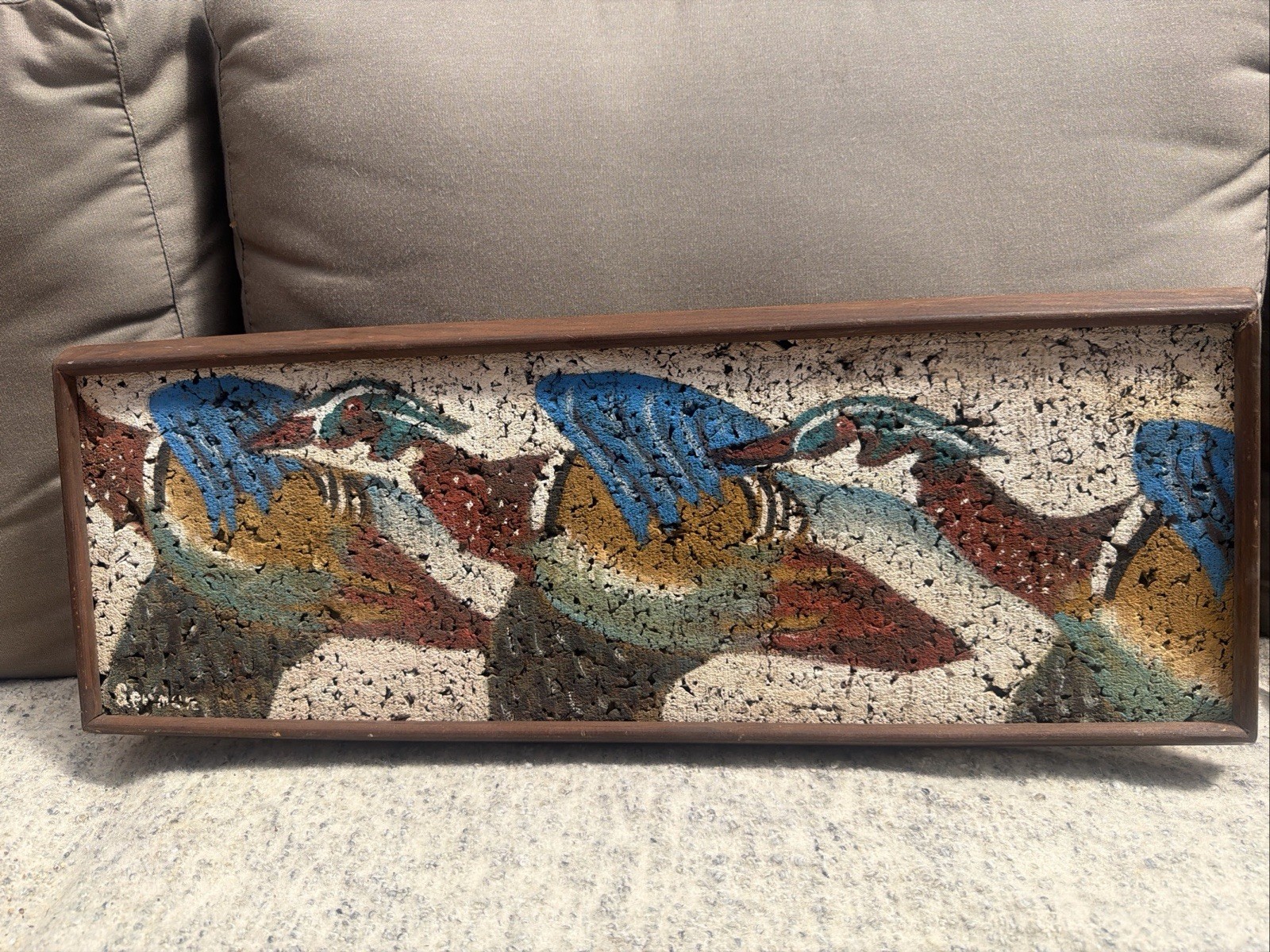 Mid Century Artwork Painted Cork Birds Ducks Retro Signed Original Decor