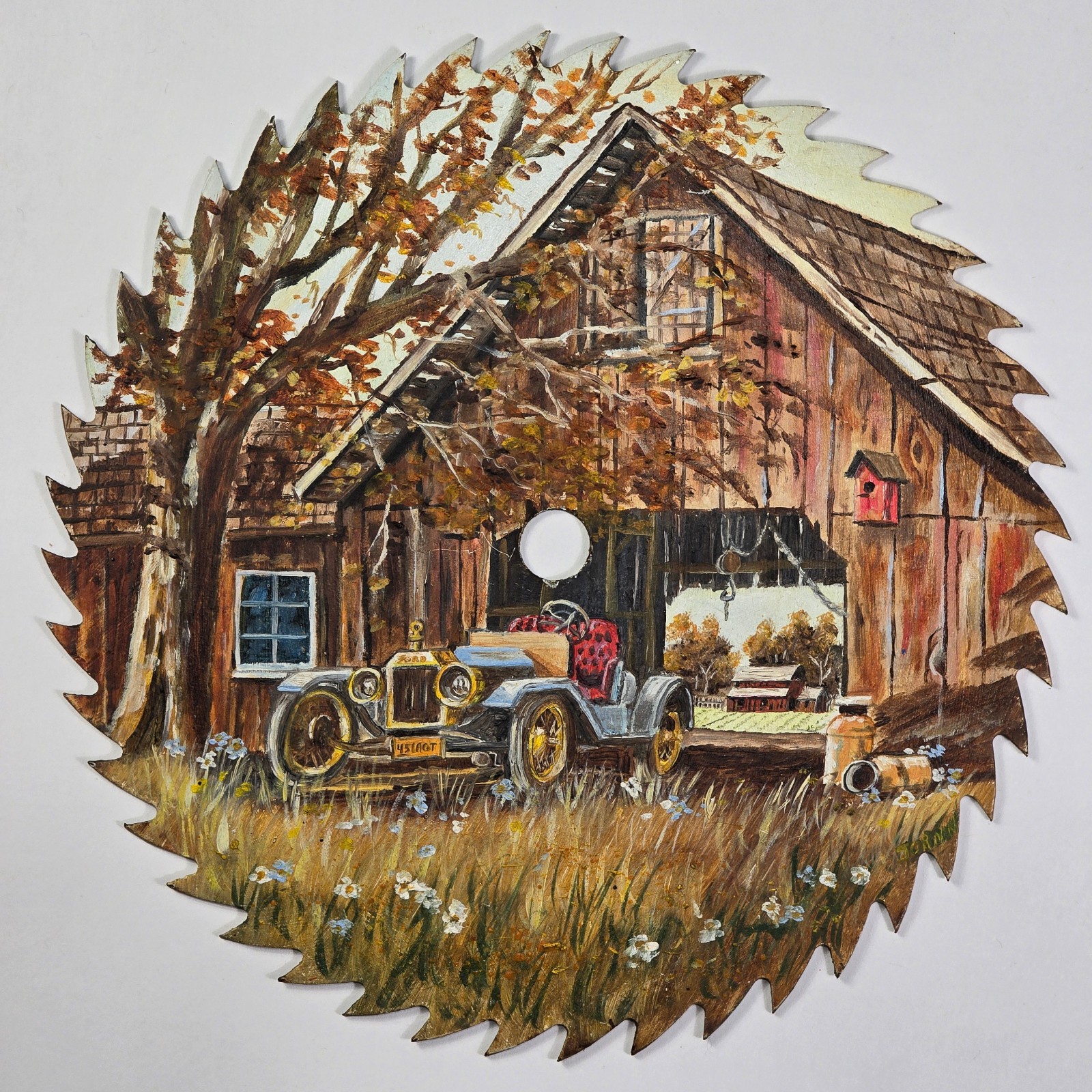 Vintage Hand Painted 9″ Saw Blade Red Barn Fall Autumn Landscape Car Garage