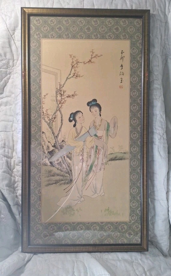 Oriental Painting, Asian Watercolor on Silk Paper, Old Chinese Autumn Beauty