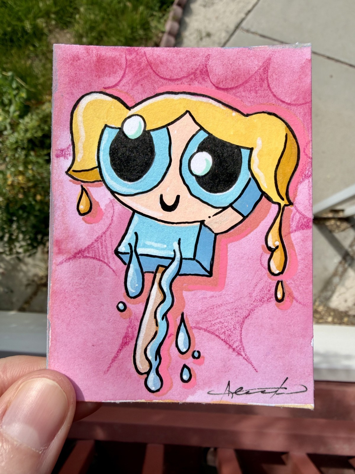 Original ACEO Powerpuff Girls Popsicle Painting by Dyer- Mini Art 2.5×3.5 in.