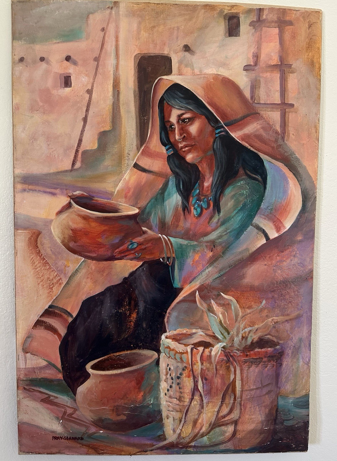 Vintage Southwestern Painting by Marty Pray-Stanard Woman Pottery Desert 24×36