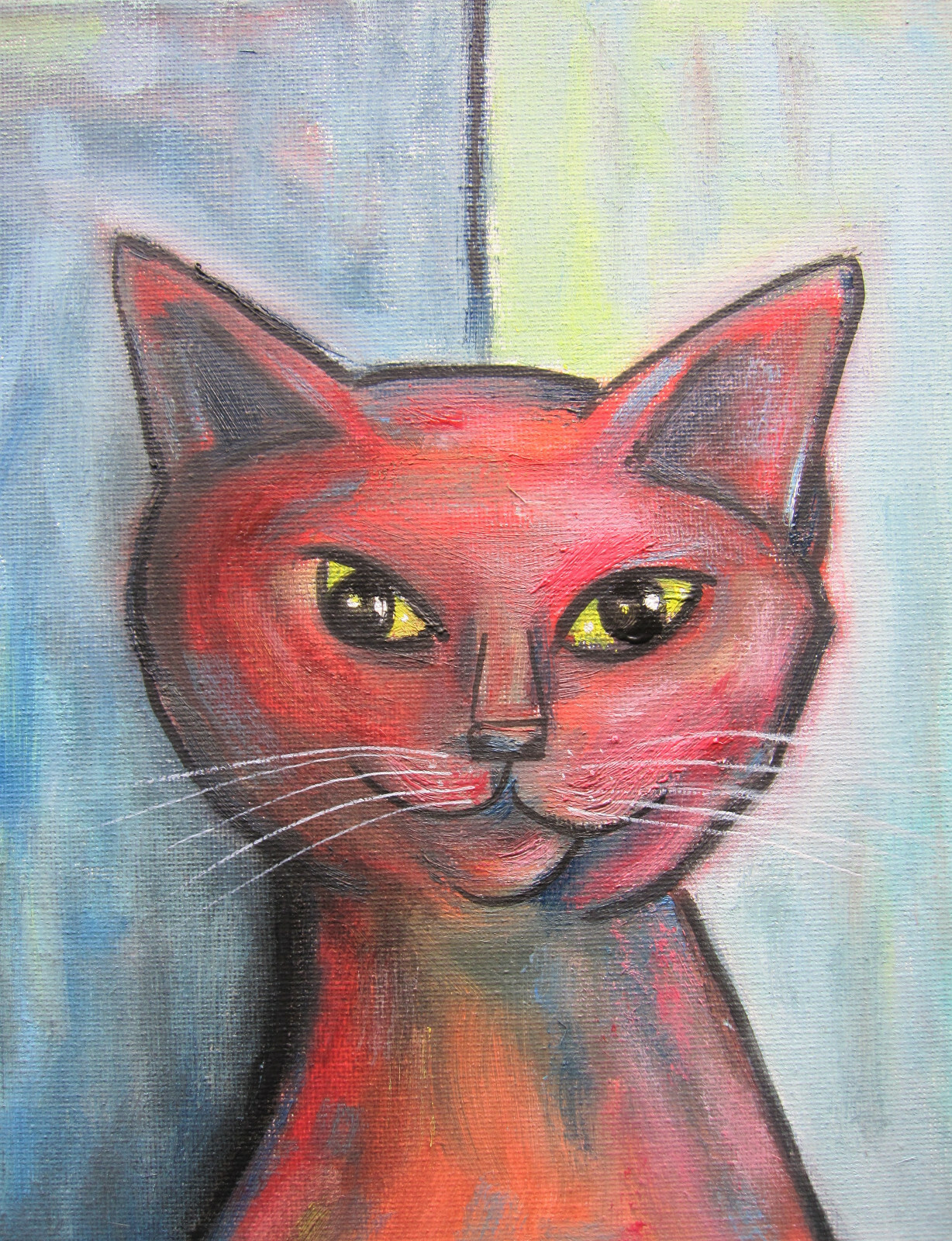 BIG RED CAT oil painting 16×20 canvas modern art feline original signed CROWELL