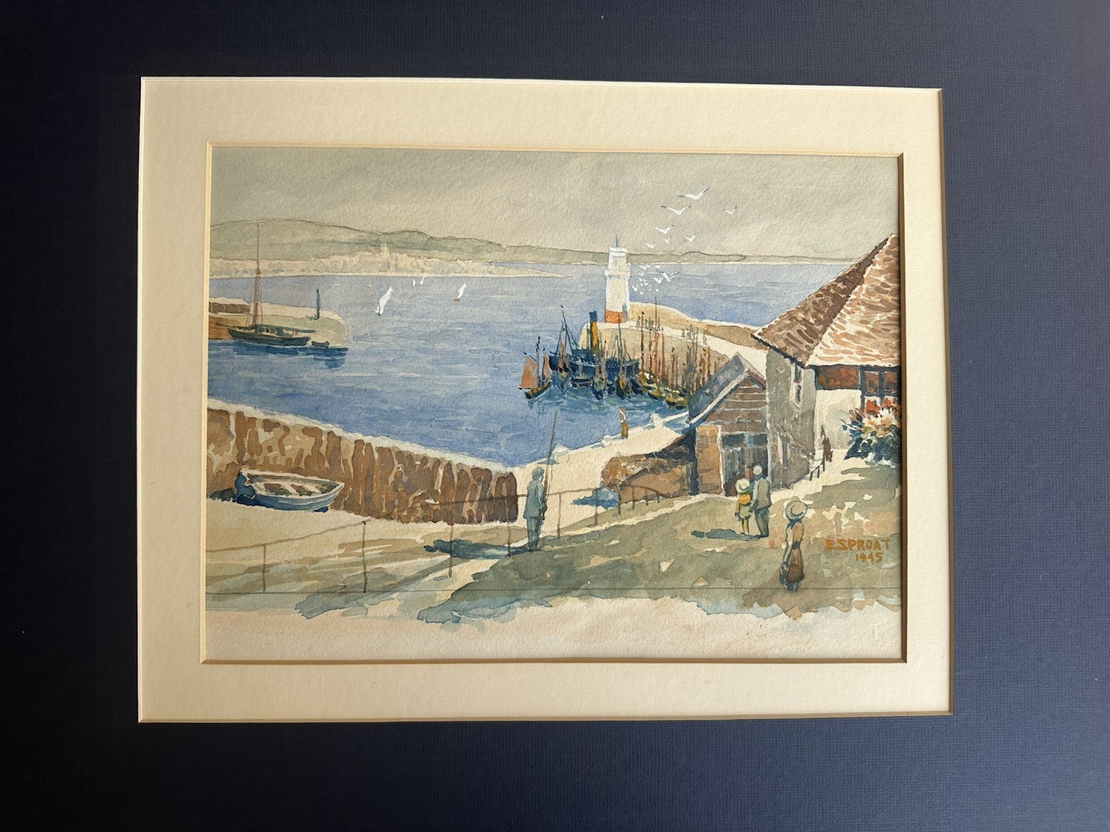 1945 E. Sproat «Penzance from Newlyn Harbour» Watercolor Painting Fishing Boats