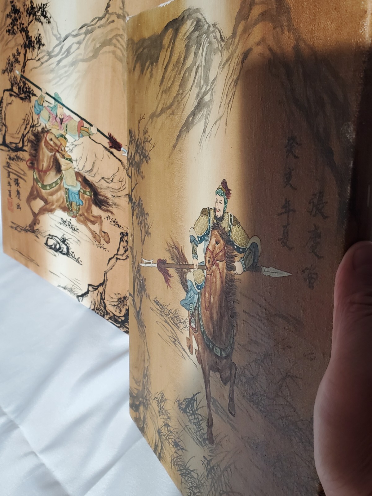 2 Vintage to Antique East Asian Calligraphy Paintings of Warriors Horseback