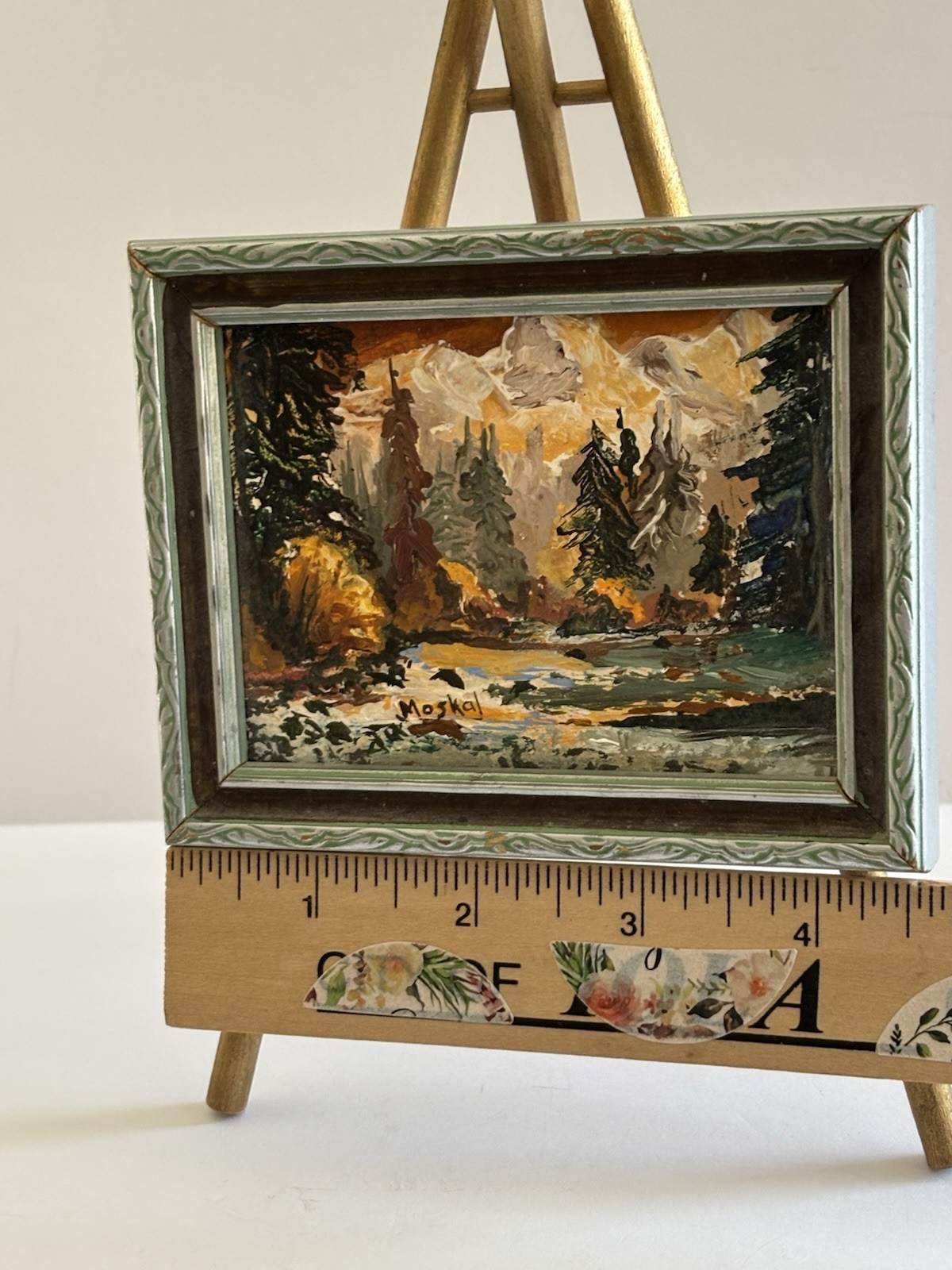 Vtg Mini Original Autumn Mountain Stream Landscape Painting Framed On Easel 3×4”