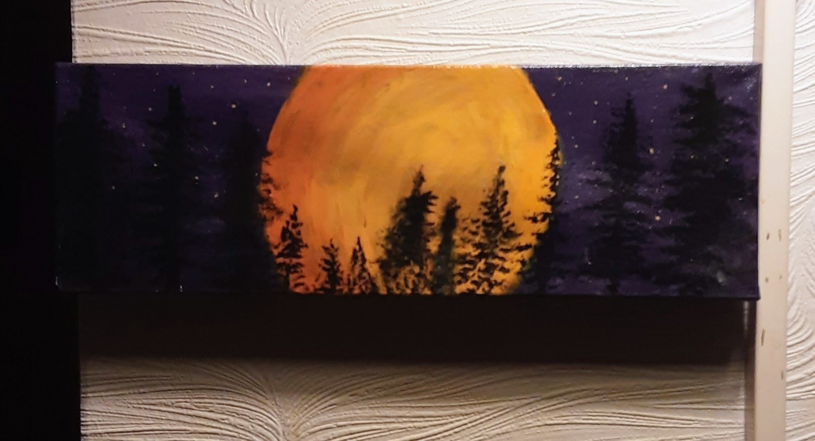 Acrylic Painting Orange Moon Night Forest Trees Halloween Spooky Stars Sky