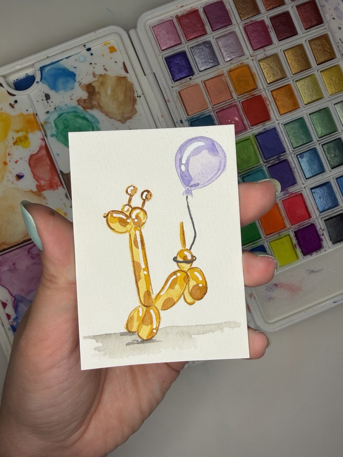 ACEO Original 2.5×3.5in Painting/animal Balloon Giraffe With Balloon/ Mini Art
