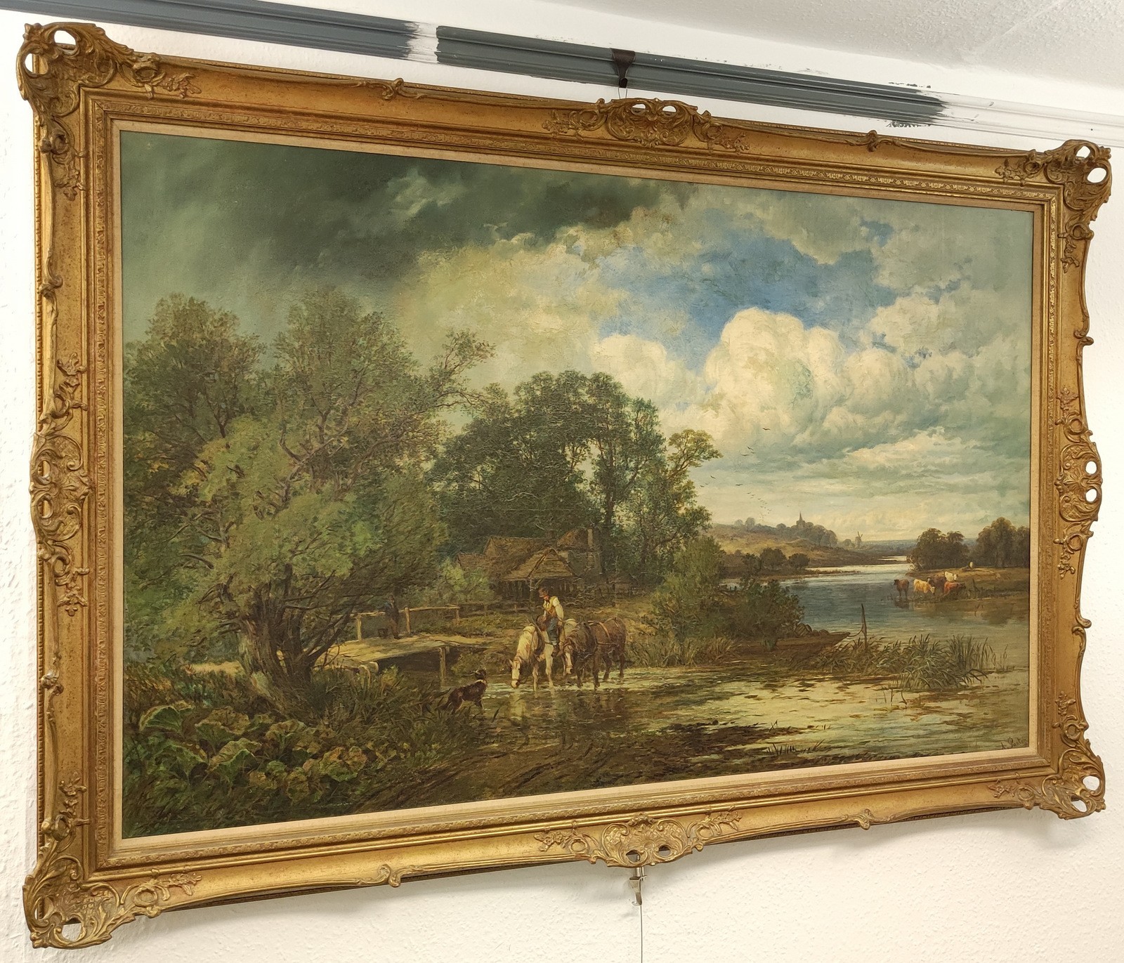 SIGNED 19TH CENTURY LARGE ORIGINAL OIL PAINTING ENGLISH PASTORAL LANDSCAPE