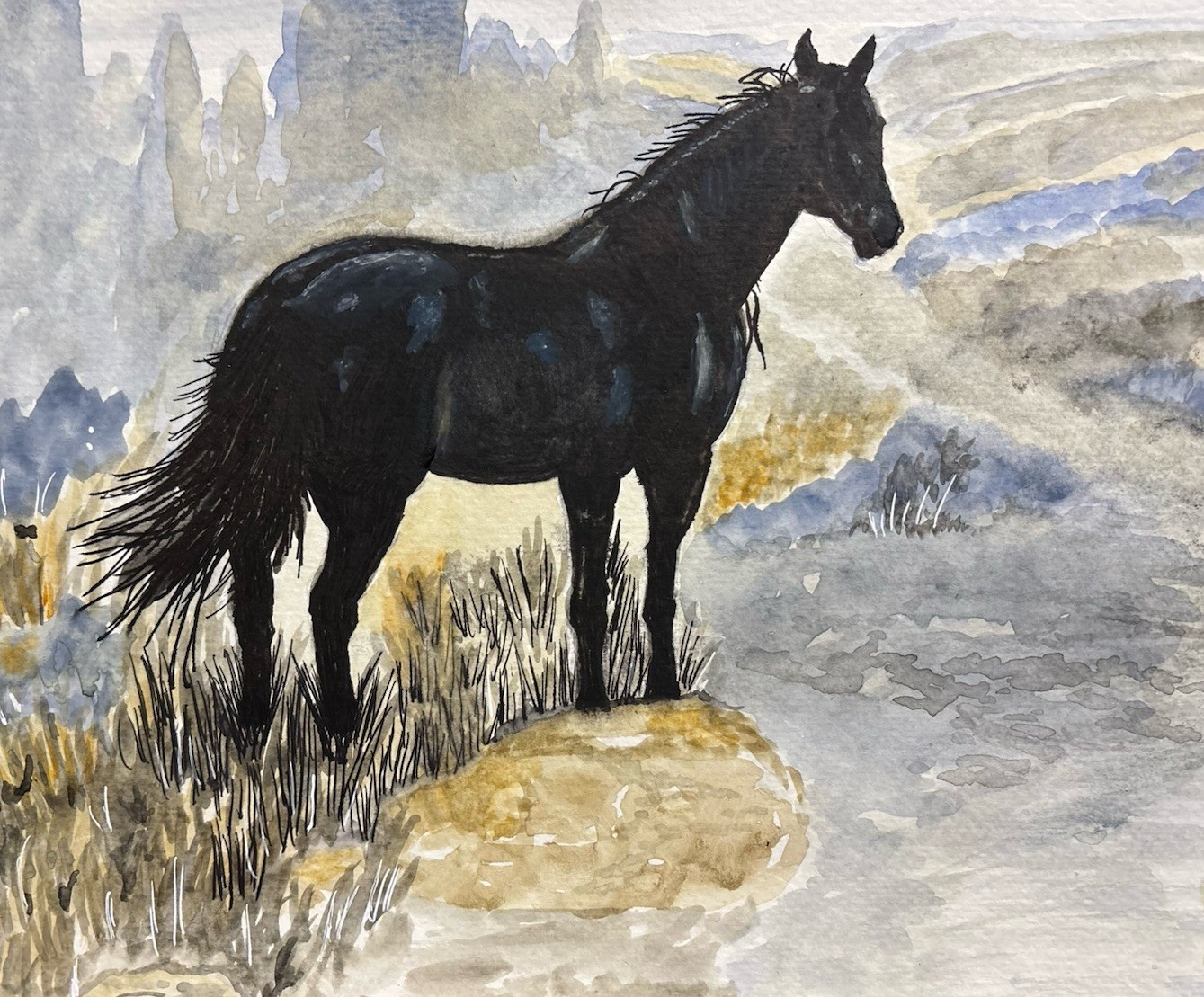 Original Horse Watercolor Painting Western Desert Art 15×11 Equine Decor Signed