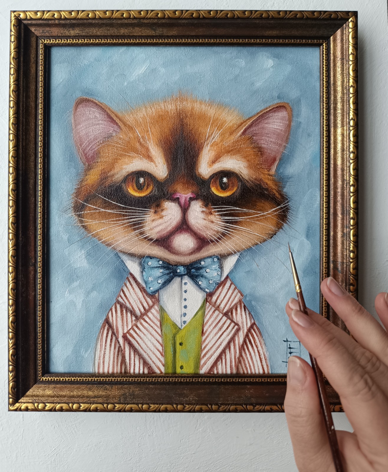 Dapper Tom Cat Original Oil Painting Framed Wall Art 8×10 in