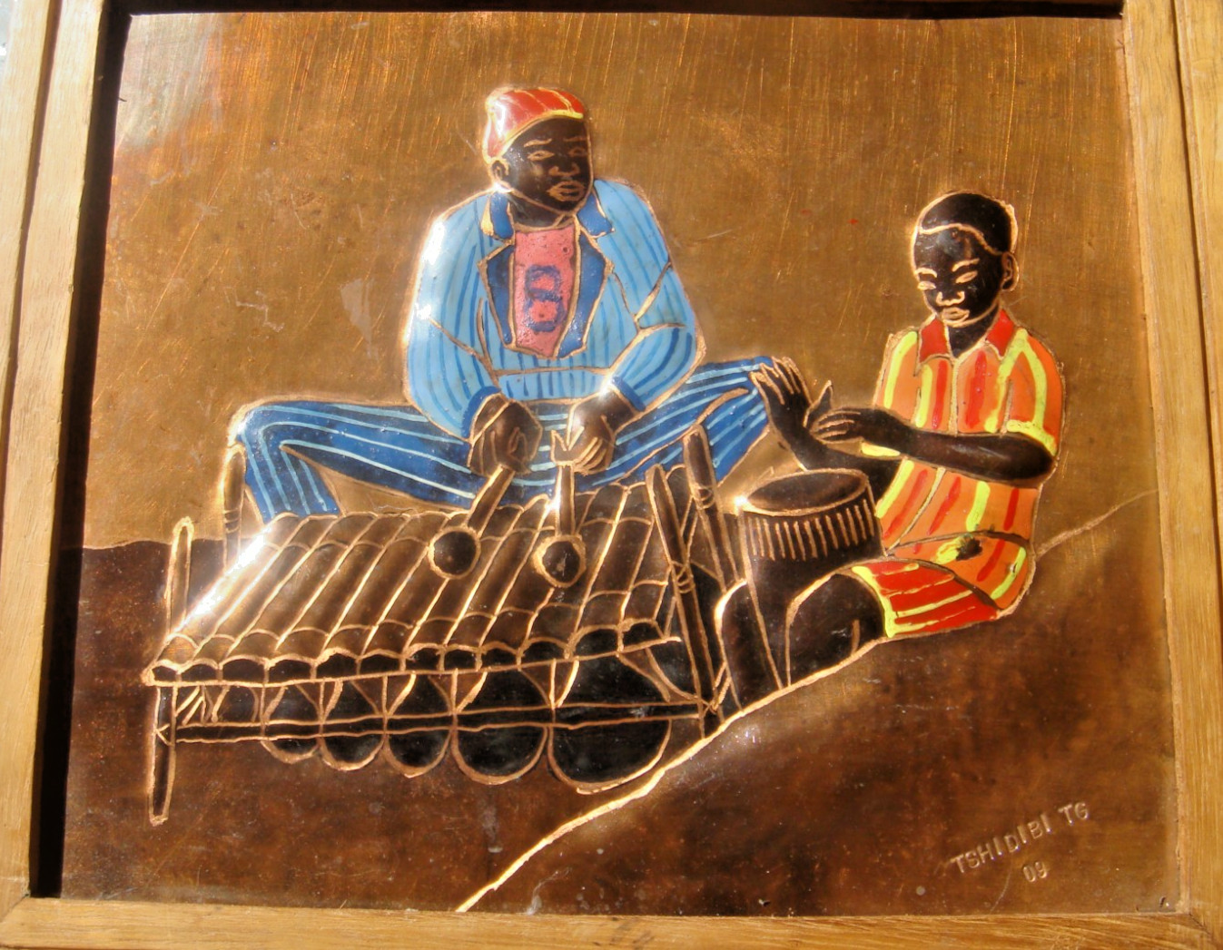 African Relief painting on copper signed by the Congolese artist Guycha Tshidibi