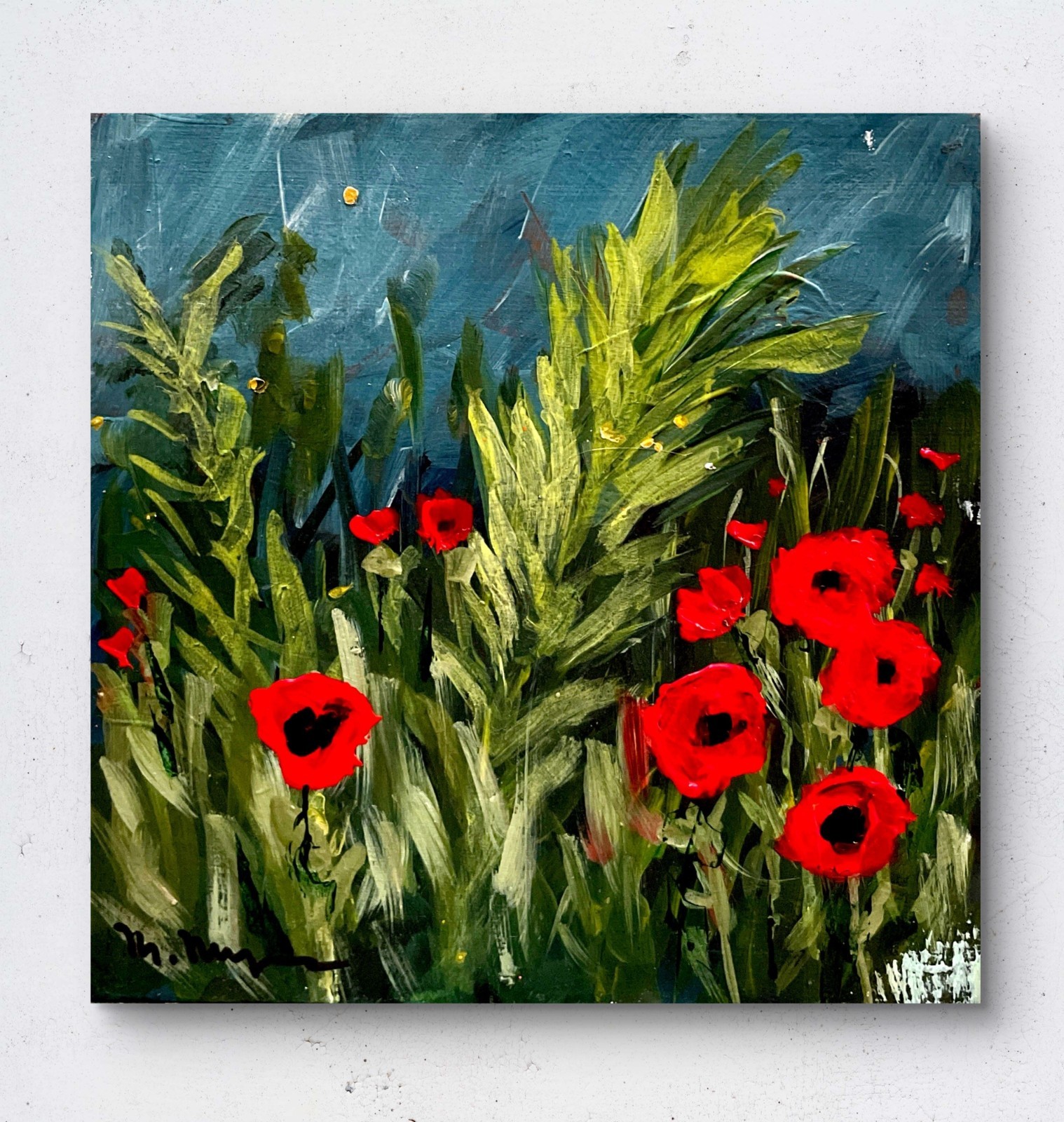 Red Poppy Meadow Textured Painting Original Hand Painted on wood cradled panel