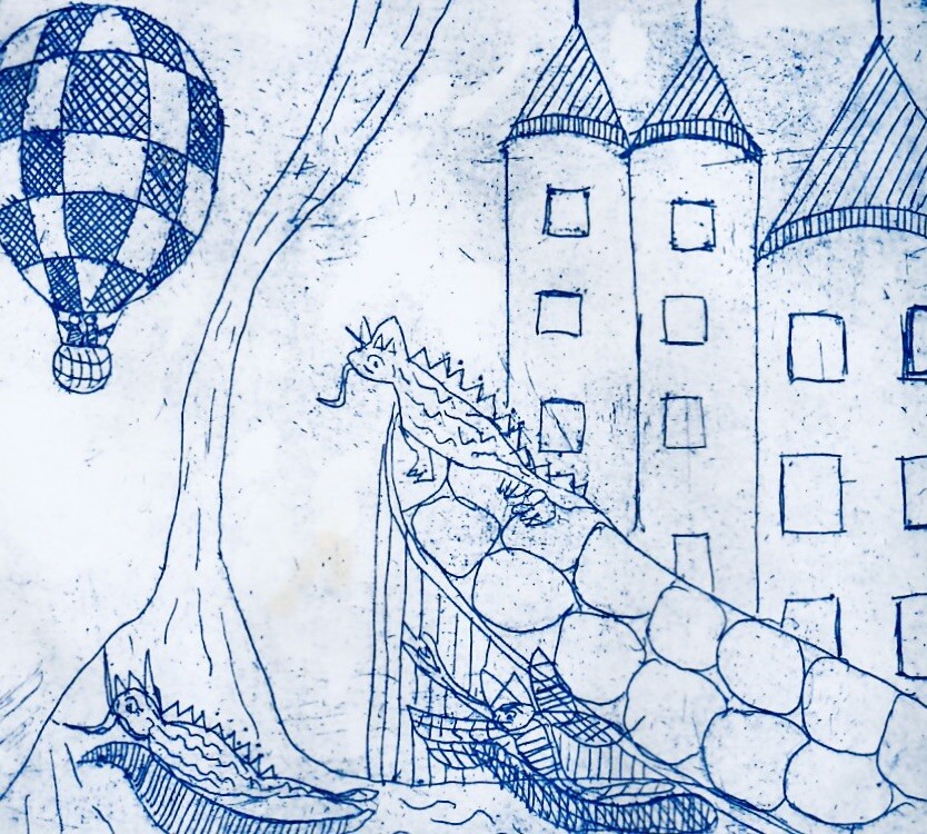 80s Art Etching Dragons Medieval Castle Architecture Hot Air Balloon Bridge 10×8