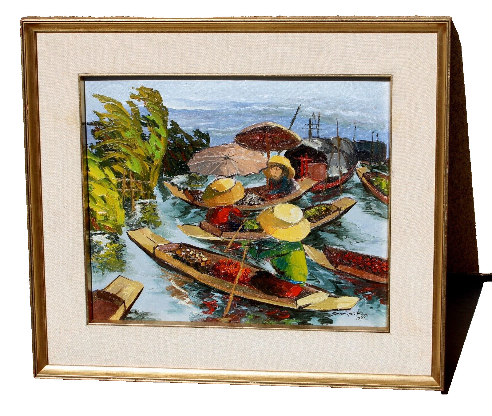 Mid Century Thai Floating Marketplace oil painting 1971