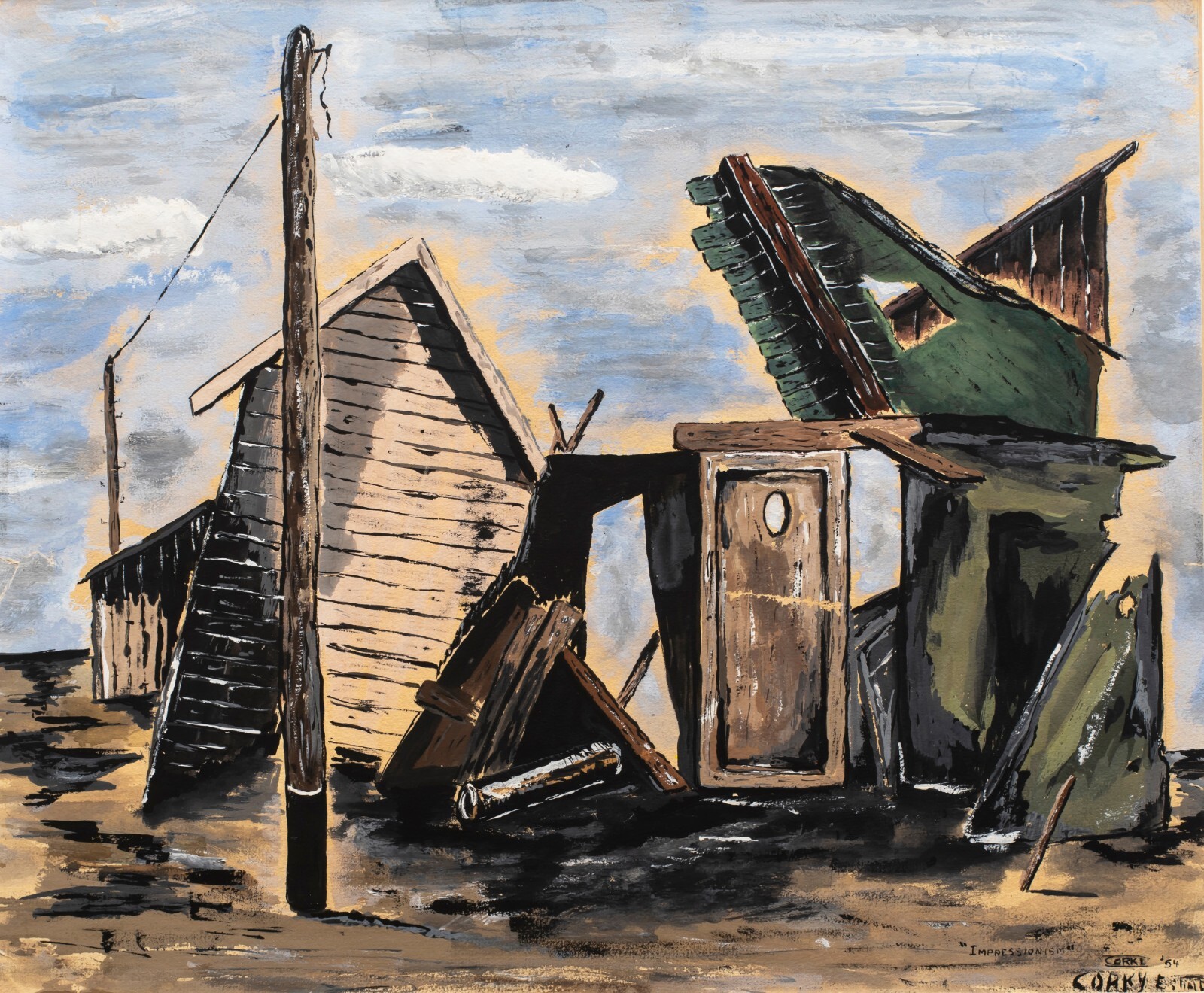 American Mid Century Mixed Media Town Scene «Impressionism» , Signed, 1954