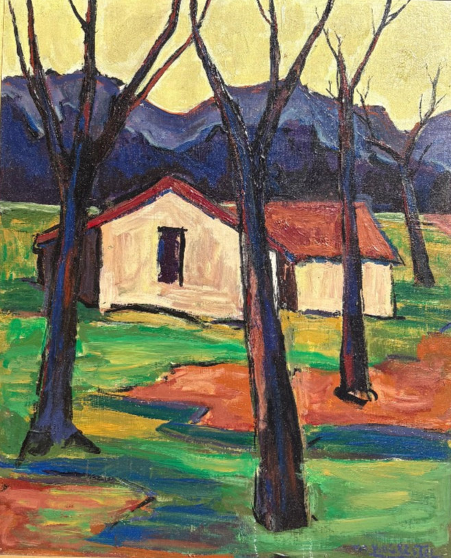 Houses Behind the Trees 22 x 18 Fauvist Oil Painting-1950s-Maxim Bugzester