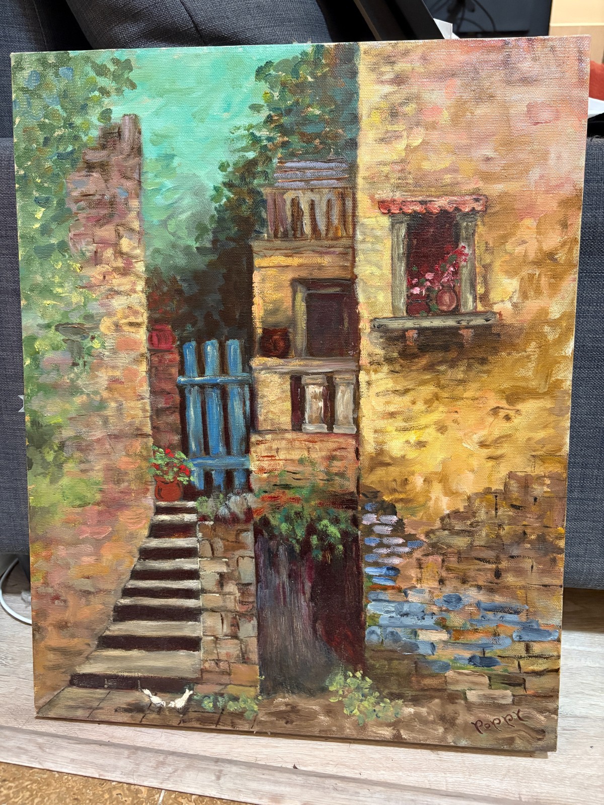 VNTG Original Oil Canvas Painting Signed 1979 Unframed Stone Brick House 16×20″