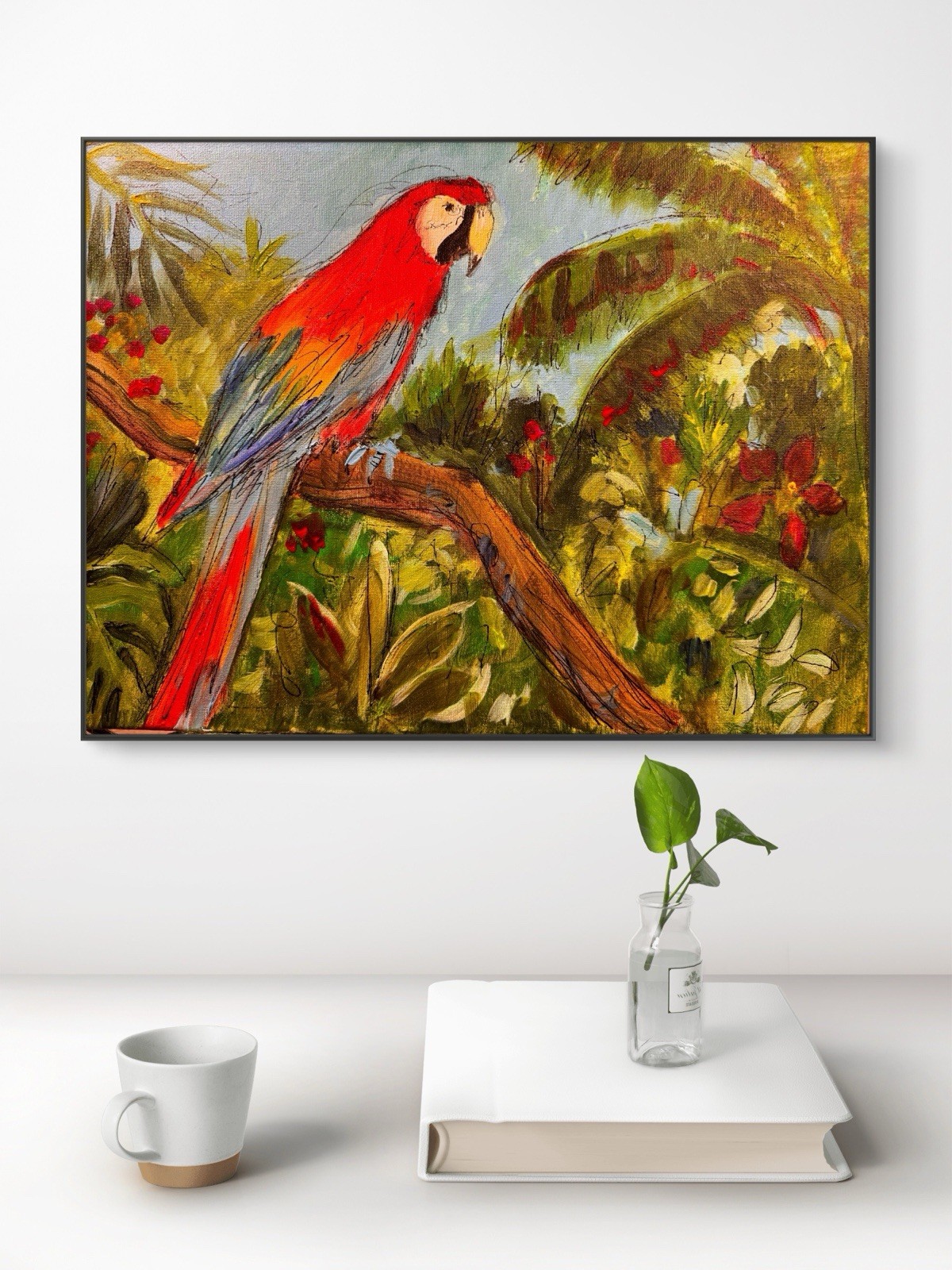 Original Hand Painted 12×16 Macaw Tropical Living Room Wall Art Signed 403