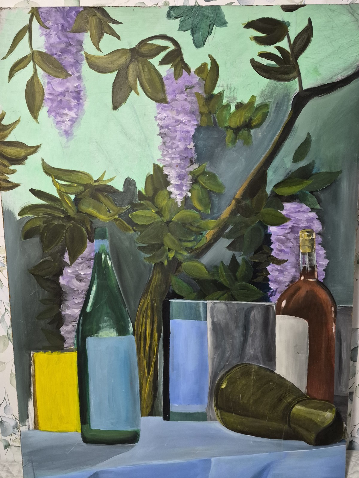 Vintage 28 X 40 Wine Bottle Wisteria Floral Oil Still Life Painting On Masonite