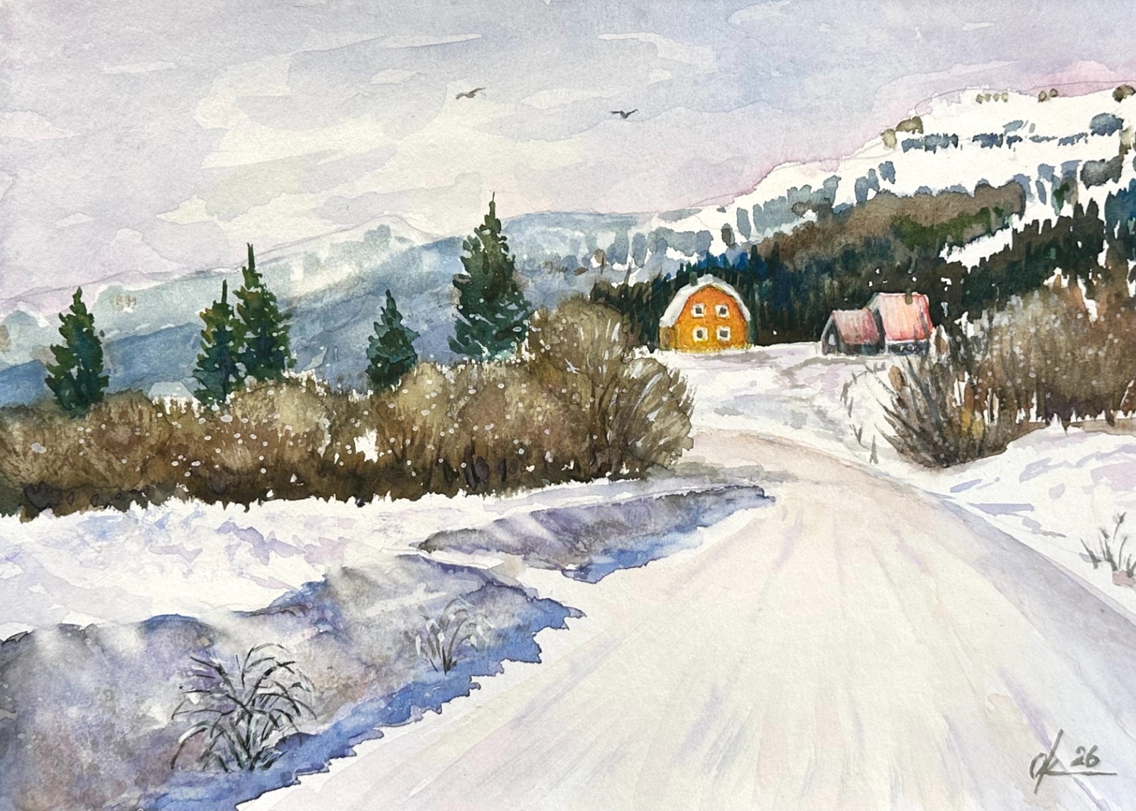 Winter landscape snow mountains forest Christmas Original Watercolour Painting