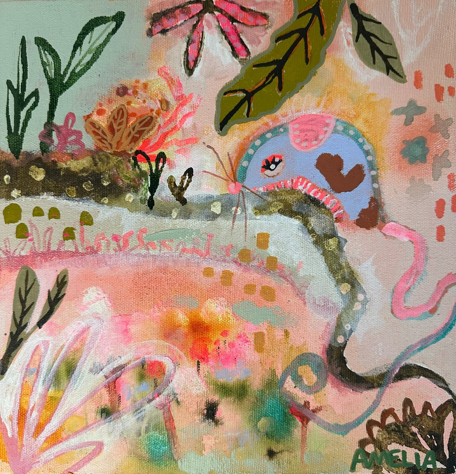 Original Painting Art OOAK «Sparkle the Mouse» Dreamscape Abstract Floral 10×10