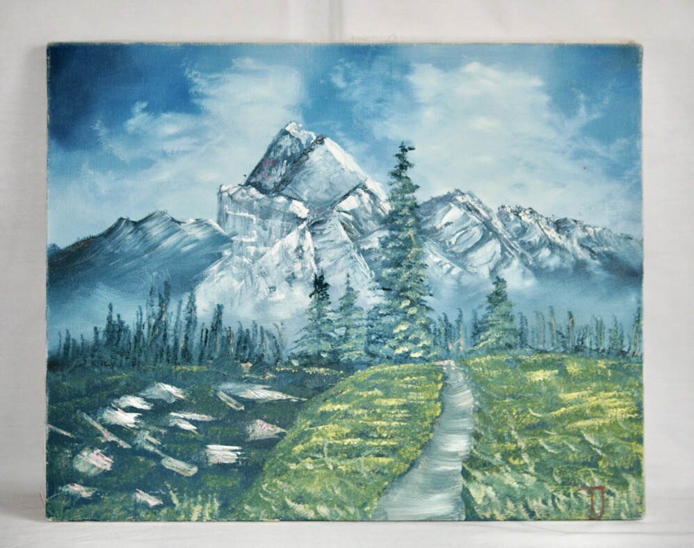 Hiking Trail Meadow Snow Capped Mountain Original Acrylic Oil Painting on Canvas